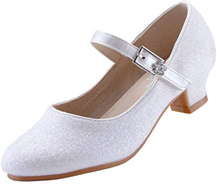 EIGHT KM Mädchen High Heel Kleid Schuhe Mary Jane Hochzeit Pumps Princess Schuhe EKM7015 Sparkle Glitter Minerva Weiß Größe EU 27