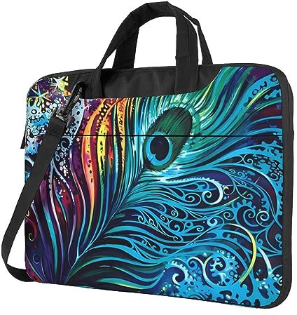 HaLvah Farbige Pfau Gedruckt Laptop Tragetasche Computer Tasche Business Laptop Fall Laptop Umhängetasche, Schwarz , 14 inch