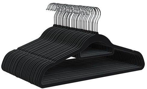 PORTENTUM Kleiderbügel aus Samt, 30 Stück, Schwarz. Zubehörhalter, 360º Drehbarer Haken, Platzsparend, Kerben für Kleider, rutschfeste Kleiderbügel, Für alle Arten von Kleidung