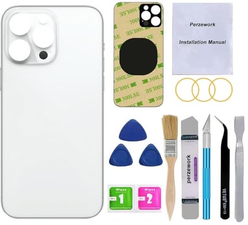 Perzework OEM-Ersatzglas für die Rückseite, kompatibel mit iPhone 14 Pro, 15,5 cm (6,1 Zoll), mit Reparatur-Toolkit (Silber)