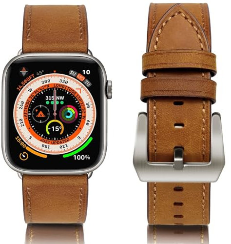 WestEagle Pulsera de piel compatible con Apple Watch, 49 mm, 46 mm, 45 mm, 44 mm, 42 mm, para hombre y mujer, correa vintage de piel auténtica para iWatch Series Ultra SE 10 9 8 7 6 5 4 3 2 1