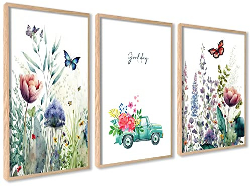ag.art deco 3er Set Poster Wanddeko Wohnzimmer Ideal als Geschenk Flur | Frühlings 40x50 Bilder mit Holz Rahmen Pastell für Wand Deko Wohnzimmer Kunstdruck mit Motiven von Blumen und Schmetterlinge
