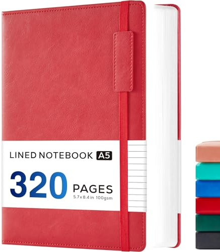 NIRMIRO A5 Notebook Journals for Women/Men Work, 320 Pages Hardback Leather Notebook Notepad with 100GSM Lined Paper, Writing Note Book with Pen Holder, Red, 14 x 21 cm