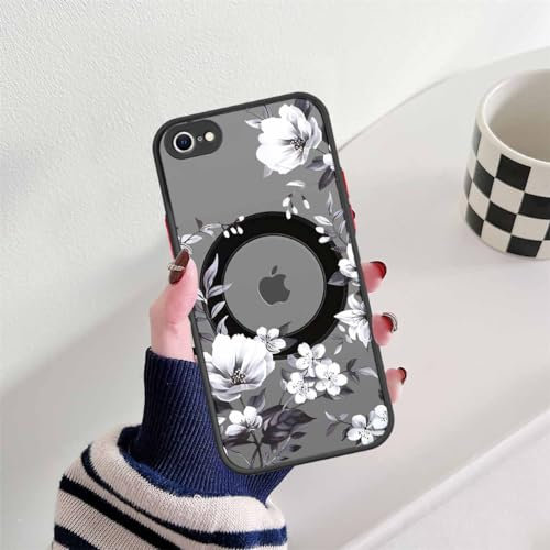 Foonary Cover Magnetic for iPhone 8/SE 2022/7/SE 2020 4.7 inches,with White Flower Aesthetics Pattern Case Compatible with MagSafe Wireless Charging,Protective Shockproof Bumper Silicone Hard PC Cases