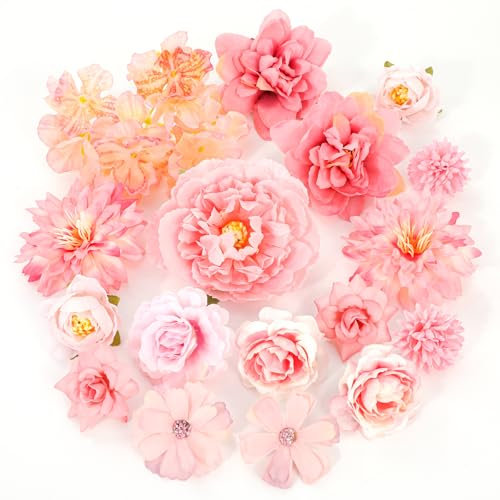MWOOT 17 Pezzi Teste di Fiori Artificiali, Fiori Finti per Decorazioni, Capolini Finti Misti, Rose Peonia Ninfea Finte per Fai da te Corona Torta Bouquet Da Sposa Matrimonio Festa Casa Giardino(Rosa)