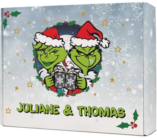 GRAVURZEILE – DIY Adventskalender zum befüllen – Grinch – Weihnachtskalender Personalisiert mit Namen – 24 Fächer, Nikolaus & Heiligabend extra groß – inkl. Steckanleitung & Stickerbogen