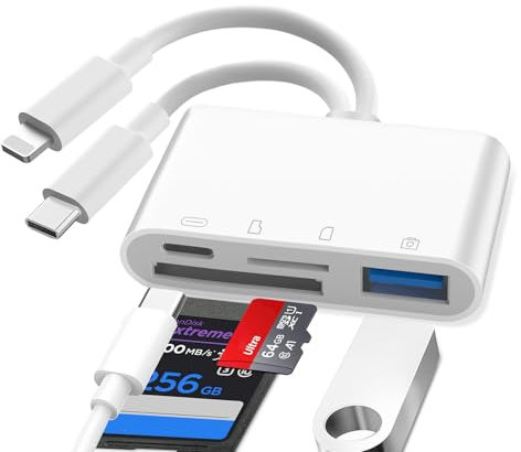 Lecteur Carte SD iPhone, 4 en 1 Lightning SD Card Reader, Lightning to SD Card Reader, Adaptateur Carte SD iPhone, Adaptateur Appareil Photo iPhone, Adaptateur iPhone Carte SD, Adaptateur SD iPhone