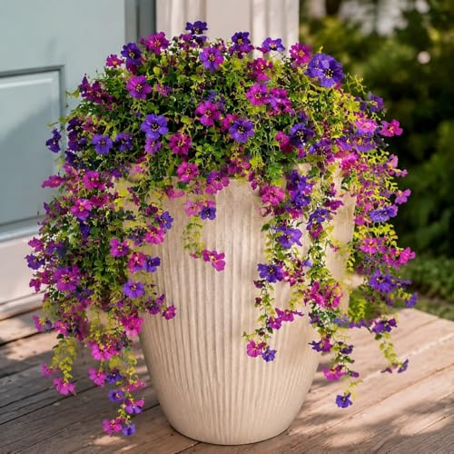 Aisamco 4 Pcs UV Resistant Hanging Flowers Outdoor | Faux Silk, Eucalyptus Leaves, Outside Planter, Porch Patio Balcony, Yard Decor, Fake Vines, Wreath Alternative, Evergreen
