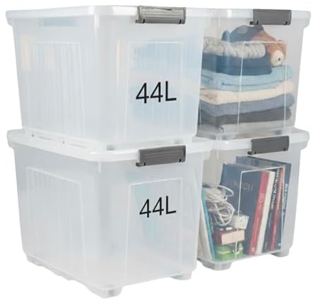 Plastard Aufbewahrungsboxen mit Deckel & Rollen – 4er Set, 44 L – Robuste, stapelbare Ordnungsboxen, BPA-freiem Kunststoff – Transparent & vielseitig für Haushalt, Büro & Werkstatt