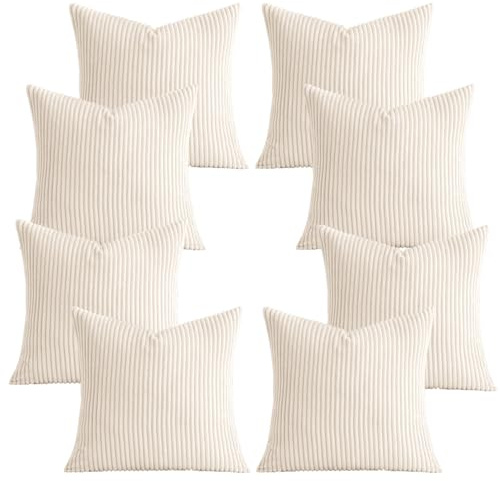 AMEHA Set of 8 Pcs Soft Corduroy Cream Velvet Cushion Covers 45 x 45 cm with Invisible Zipper Decorative Square Throw Pillowcases for Livingroom, bed, couch, office (18x18 inch Stripe Cushions)