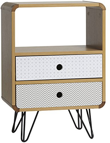 VS Venta-stock Mesita de Noche Buda 2 Cajones, Color Roble, Patas de Metal en Negro