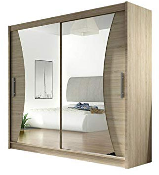 Mirjan24 London V - Armario con puertas correderas (180 x 215 x 58 cm, con espejo, armario de puertas flotantes, roble Sonoma)