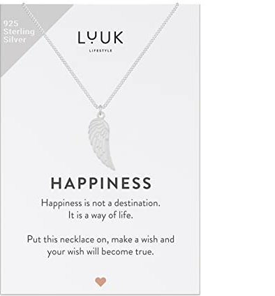LUUK LIFESTYLE Collier en argent sterling 925 avec pendentif ailes d'ange, carte cadeau HAPPINESS, porte-bonheur de voyage, argent