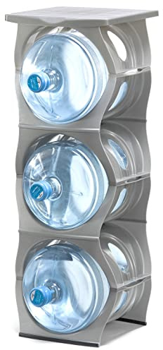 Bariboo Stackable Water Bottle Storage Rack Best Water Jugs 5 Gallon Organizer. Jug Holder for Kitchen, Cabinet and Office Organizing. Reinforced Polypropylene (Silver, 3 Plus Shelf)