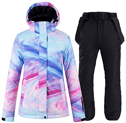 Ez4garden Damen Outdoor-Snowboard-Set mit bunten bedruckten Skijacken und -hosen, winddicht, wasserdicht, warm, verdickt, Schwarz ,L