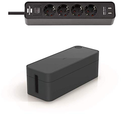 Kabelbox mit Steckdosenleiste - Brennenstuhl 4-fach Steckdosenleiste 2x USB Charger (1,5m Kabel) und Durable Kabelbox Cavoline L (mit Gummifüßen, 406 x 139 x 156 mm, graphite)