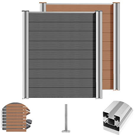 S SIENOC WPC Zaun Sichtschutzzaun Zaunblende Gartenzaun 180cm Lamellenzaun Alu-Pfosten Hellbraun Windschutz(4X Element + 5X Pfosten,Hellbraun)