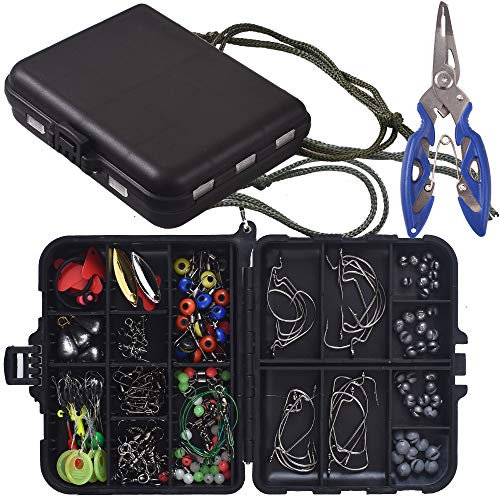 Newk Kit d'accessoires de pêche de 188 pièces, hameçons gabarits, poids de lancer de balle de basse, émerillons, glissières de plomb avec boîte