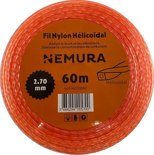 Nemura Fil Débroussailleuse Hélicoïdal Silencieux L: 60 m, Ø: 2,70 mm - Compatible avec d'autres marques - Haute Durabilité - Pièces Détachées de Qualité Professionnelle - Marque Française