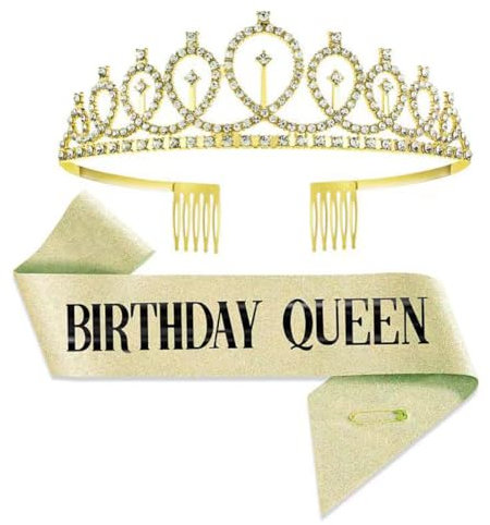 ZHOUHON Geburtstagskrone Geburtstags SchäRpe Prinzessin Krone Glitzer Gold Geburtstag Mädchen Schärpe & Strass Tiara Kit für Geburtstag Geschenk Party Zubehör und Dekorationen (Gold)