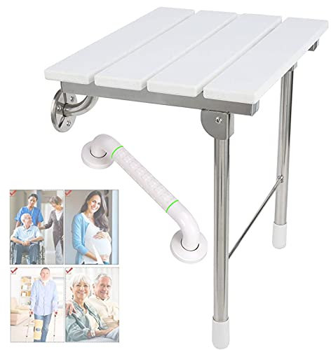EEUK Duschhocker Klappbar Wandmontage, Duschklappsitz mit Armlehnen, Wandhocker Duschstuhl mit Stützbeinen, Massivholz, Duschsitz Klappbar rutschfeste für Schwangere, Senioren, Behindert