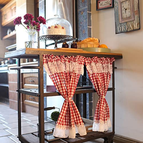 WRMING Lot De 2 Rideau Courte de Cuisine Vichy Rouge Brise-bise Rideaux pour Petite Fenêtre Style Vintage Demi Rideau Bistrot Coulissant Cache Meuble Sous évier,W x H 115x80cm