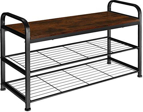 tectake® Schuhregal mit Sitzfläche, Schuhbank aus Holz und Metall, Industrial Style, 3 Ebenen mit 2 Gitterablagen, 91 x 36 x 55 cm (Industrial Dunkelbraun)