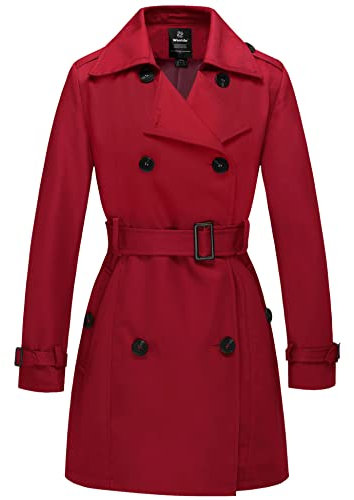 Wantdo Femme Trench-Coat à Double Boutonnage Veste Coupe-Vent à Fermeture Boutonnée Manteaux Ceinturés Mi-Longue Poignets Réglables Épaulettes Rouge 12