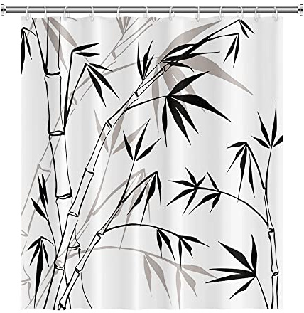 SDOTPMT 105x160cm Bambus Silhouette Duschvorhang Bambus Laub Skizzieren Weiß Badevorhang Klassisch Tinte Malerei Badewannenvorhang für Kinder Badezimmer Polyester Wasserdicht mit Haken