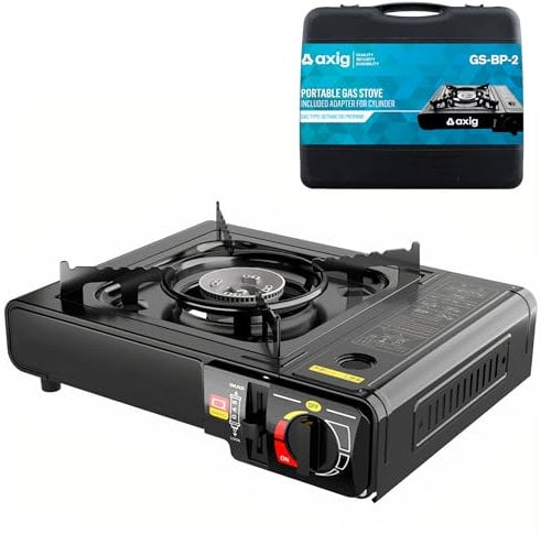Axig Camping Gas Portatil para Cocina Exterior - Hornillo de Acero Inoxidable 1 Fogon para Cartucho o Bombona de Gas Butano con Potencia de 2200W y Maletín de Transporte para Acampada, Senderismo…