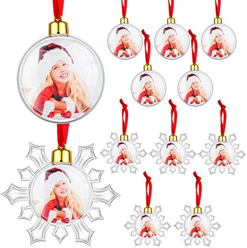 Skylety 12 Pcs Photo Ornament Ball Clear Plastic Hanging Frame Baubles for Christmas Tree, Valentine's Day Decoration (Round, Snowflake)