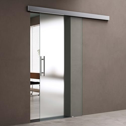 doporro Glasschiebetür Komplettset 102,5 x 215 cm | 15mm Wandabstand | Schiebetür mit ESG-Sicherheitsglas | Zimmertür Glas Satiniert mit Stangengriff | Amalfi-plus 14H