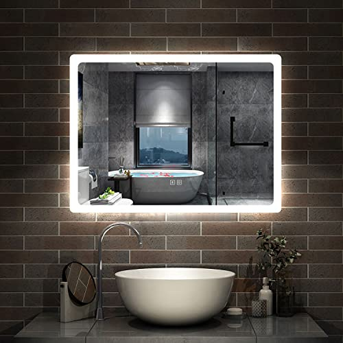 Bathroom Wall Mirror with 3 LED Lights, Bluetooth Speakers 800x600 MM Illuminated Wall Mounted Bathroom Mirrors Vanity Mirror Dimmable Switch 3 Colors and Demister Pad IP44 Rated, Horizontal