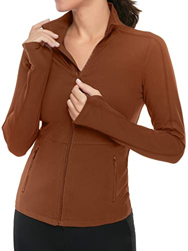 VUTRU Donna Giacca da corsa Collo alto Giacca sportiva leggera Manica lunga Camicia yoga Giacca fitness Giacca da allenamento traspirante con fori per i pollici e zip integrale Braun M