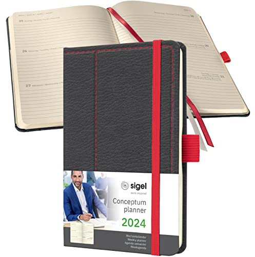 SIGEL C2456 Terminplaner Wochenkalender 2024, Lederoptik, ca. A6, dunkelgrau/rot, Hardcover, 176 Seiten, Gummiband, Stiftschlaufe, Archivtasche, PEFC-zertifiziert, Conceptum