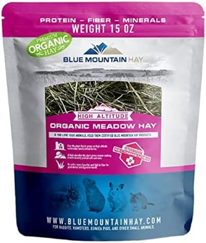 Blue Mountain Hay High Altitude Organic Meadow Hay Small Animal Food (15 oz), Fresh Natural Forage Supporting Digestive, Dental & Mental Health, Sweet Savory, Non-GMO, No Additives or Preservatives