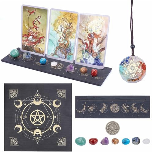 craspire Tarotkarten-Set Tarotkartenständer Aus Holz Mit Altar-Tischdecke, 7 Halskette Mit Chakra-Anhänger, Edelstein, 12 Stück Herausforderungsmünze Hexe Wahrsagungswerkzeuge Tarotkartenzubehör