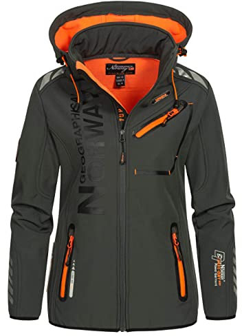 Geographical Norway Reine Lady - Giacca Cappuccio Softshell Impermeabile Donna - Giubbotto Antivento - Attività Escursioni Running Autunno Inverno Primavera (Grigio Scuro Arancione M)