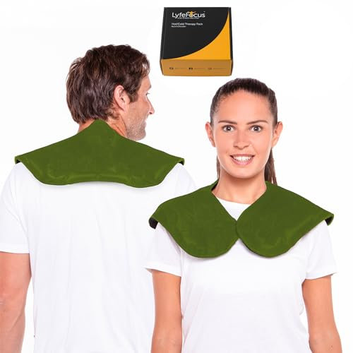 LyfeFocus Reusable Hot & Cold Pack Gel Heat Wrap for Neck & Shoulder Pain - Flexible, Microwaveable & Freezable Ice Pack - Shoulder Heat Pad for Tension & Pain Relief - Green Protective Cover
