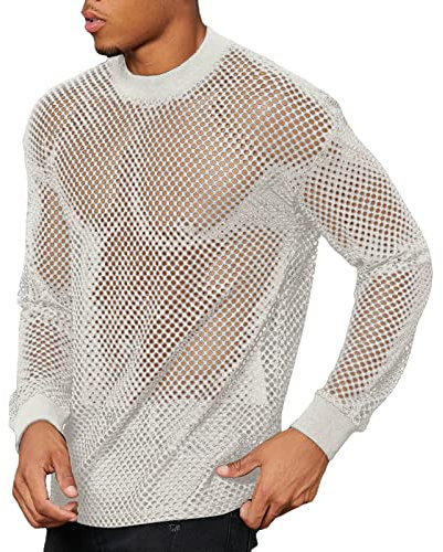 Caxndycing Herren Transparent Langarm Muskel Shirts Sexy Mesh Top Clubwear Sommer Casual Slim Fit Hemd Langarm Netz Unterhemd Fishnet Durchsichtig T-Shirt Herren Sexy Oberteile