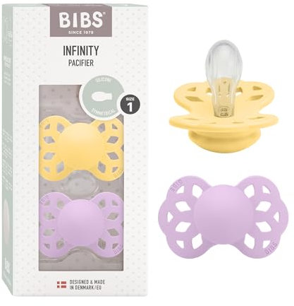 BIBS Infinity Symmetrical Schnuller 2er-Pack, BPA-frei, Symmetrischer Nippel. Silikon, Hergestellt in Dänemark, Größe 1 (0-6 Monate), Pale Butter/Violet Sky