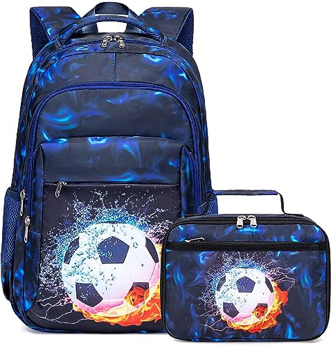 LEDAOU Kinder Schulrucksack Schulranzen Jungs Mädchen Teenager Rucksack Schule mit Lunchtasche Vorschule Grundschule (Fußball Schwarz Blau)