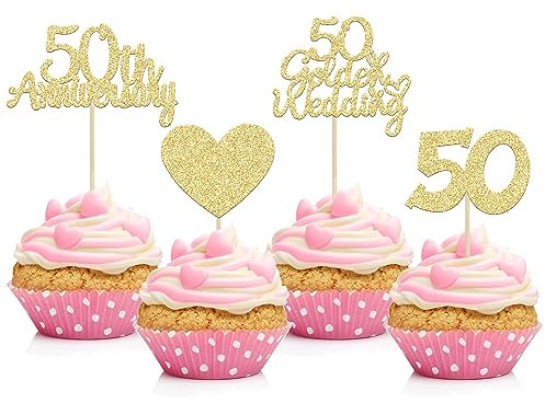 Gyufise 24pcs 50th Golden Wedding Anniversary Cupcake Toppers - Gold Glitter Heart Cake Decoration for Celebration Party Supplies