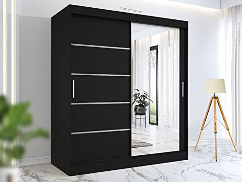 Stylish Bedroom Sliding Wardrobe with LED Light - Ample Storage Space and Sleek Design comes in White/Grey/Black/Oak and Width 120cm/150cm/180cm/203cm/250cm (180cm, Black)