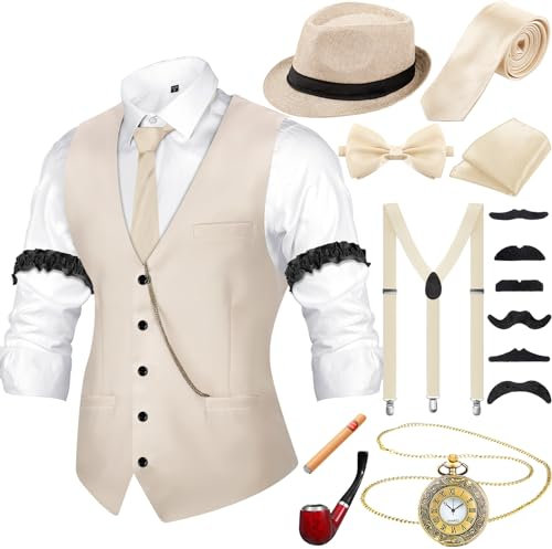 20er Jahre Herren Accessoires mit Weste Fedora Hut Taschenuhr Fliege Krawatte Hosenträger und Requisit (Beige, XL)