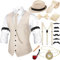20er Jahre Herren Accessoires mit Weste Fedora Hut Taschenuhr Fliege Krawatte Hosenträger und Requisit (Beige, XL)