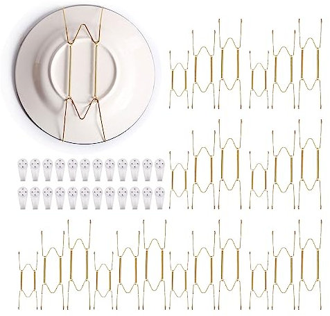QENETY 24 Pieces Invisible Plate Hangers, 6/8/ 10 Inch Wall Plate Hangers Stainless Steel Decorative and 24 Pieces Wall Hooks, for displaying Plate Collection in The Kitchen, Room