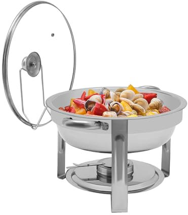 Kaichenyt Edelstahl Chafing Dish Buffet Set, 5L Rund Speisenwärmer Wärmebehälter Buffet Catering Gastro und Party Wärmebehälter mit Glas-Sichtdeckel und Deckelhalter (Silber)