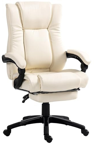 Vinsetto Executive Office Chair for Home, PU Leather Computer Chair, Swivel Desk Chair with Footrest, Wheels, Adjustable Height, Cream White