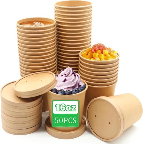 JMIATRY Lot de 50 Gobelets Jetables 16oz/450ml, Gobelet Carton pour Aliments Chauds et Froids Soupe Sundae Yaourt Glacé Dessert (Brun)